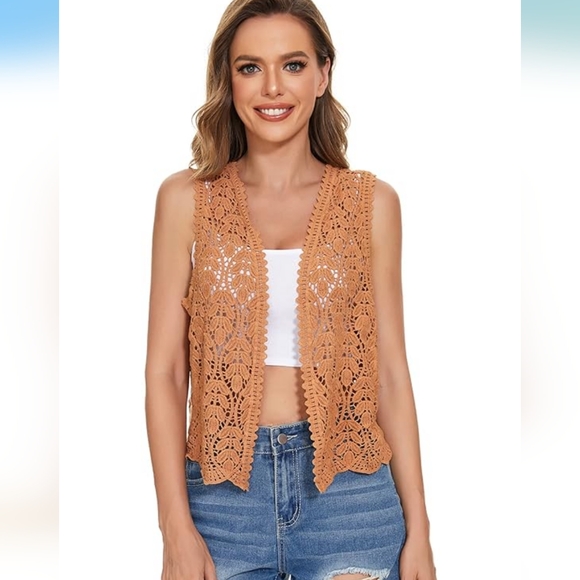 Jackets & Blazers - Womens Floral Crochet Lace Trim Sleeveless Open Front Vest
